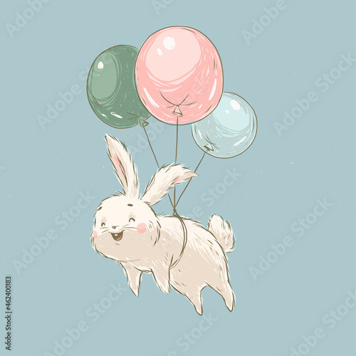 Cute little white bunny character flying with balloons isolated. Vector flat sketch hand drawn illustration. For nursery cards, banners, stickers, baby shower etc.