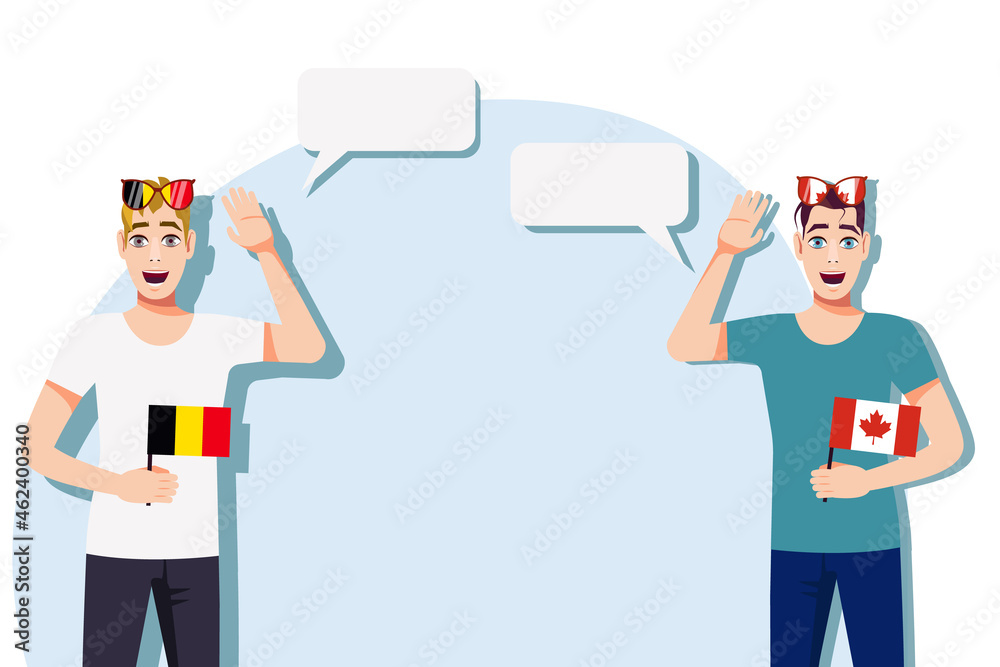 Men with Belgian and Canadian flags. Background for the text. The concept of sports, political, education, travel and business relations between Belgium and Canada. Vector illustration.
