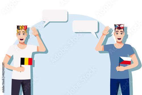Men with Belgian and Czech flags. Background for the text. The concept of sports, political, education, travel and business relations between Belgium and Czech. Vector illustration.