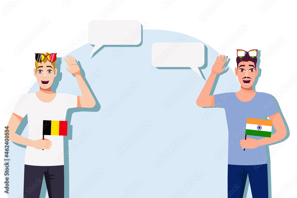 Men with Belgian and Indian flags. The concept of international communication, education, sports, travel, business. Dialogue between Belgium and India. Vector illustration.