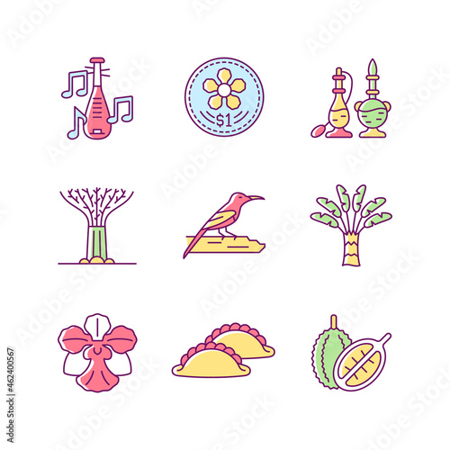 Singapore identity RGB color icons set. Native trees and flowers. Singaporean cuisine. Folk music. Fragrance product. Coin design. Isolated vector illustrations. Simple filled line drawings collection