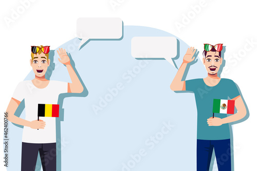 Vector illustration of people speaking the languages of Belgium and Mexico. Illustration of translation, transcription and dialogue between Belgium and Mexico.