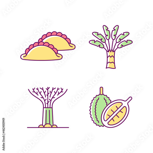 Plants in Singapore RGB color icons set. Traveller palm. Supertree grove. Curry puff. Singaporean cuisine. Durian tropical fruit. Isolated vector illustrations. Simple filled line drawings collection