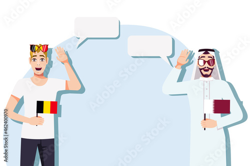 Men with Belgian and Qatari flags. The concept of international communication, education, sports, travel, business. Dialogue between Belgium and Qatar. Vector illustration.