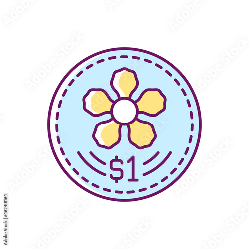 Coins design RGB color icon. Singapore dollar. Official currency. Singaporean national flower depiction. Orchid design in centre. Flora theme. Isolated vector illustration. Simple filled line drawing