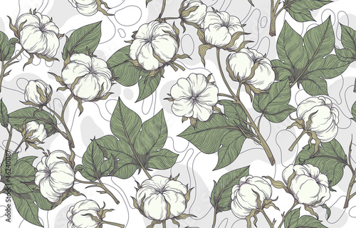 Vector seamless pattern of cotton flowers. Branches made of soft cotton with leaves are suitable for fabric, textiles, clothing, web pages, wallpapers, backgrounds