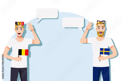 Men with Belgian and Swedish flags. Background for the text. Communication between native speakers of the language. Vector illustration.