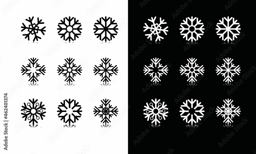 Snowflakes. Winter set of black and white snowflakes isolated on white and black background. Snowflakes with a mirrored shadow. Vector Snowflakes. Winter set of black and white snowflakes isolated on white and black background. Snowflakes with a mirrored shadow. Vector