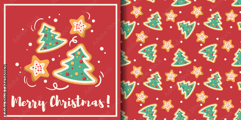 Christmas holiday banner with Merry Christmas text and seamless pattern of cute Christmas trees and star cookies on red background with snowflakes. Vector illustration. Christmas holiday banner with Merry Christmas text and seamless pattern of cute Christmas trees and star cookies on red background with snowflakes. Vector illustration.