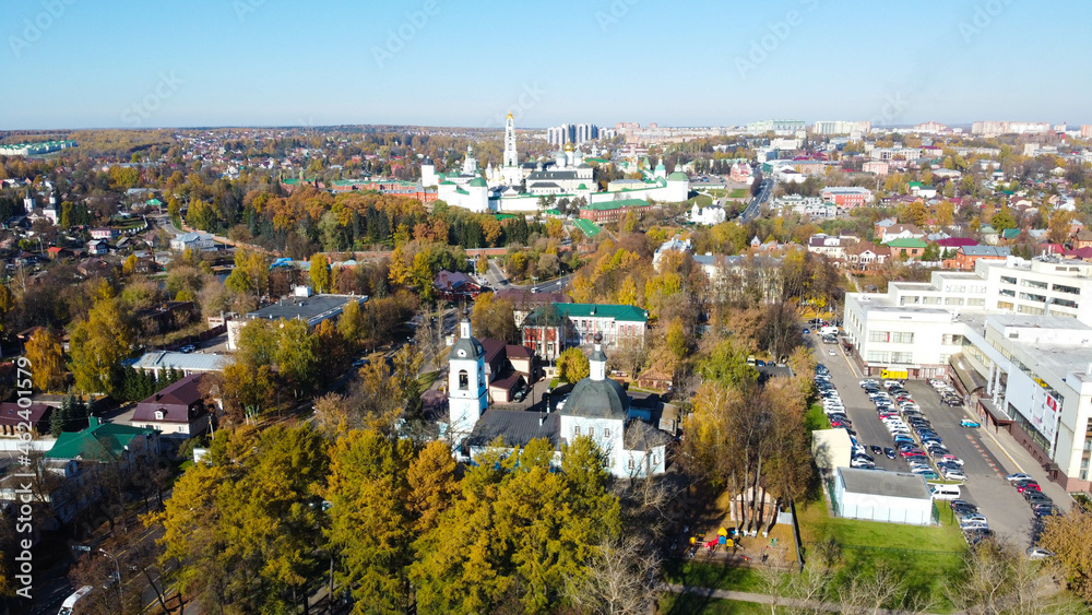Sergiev Posad, Russia - 08 October 2021: Autumn view of the Holy Trinity Lavra of St. Sergius from a bird's eye view