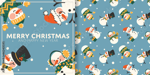 Christmas holiday banner with Merry Christmas text and seamless pattern of a group of cute snowman wearing black hat and winter clothes on a light blue background with snowflakes.