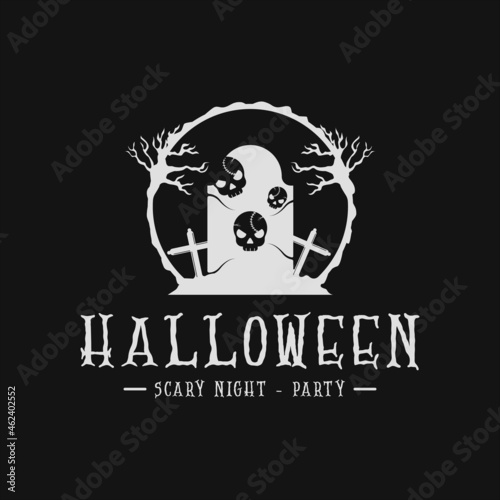 grave tombstone and skull halloween logo vintage vector illustration template icon design