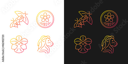 National symbols of Singapore gradient icons set for dark and light mode. Orchid flower. Thin line contour symbols bundle. Isolated vector outline illustrations collection on black and white