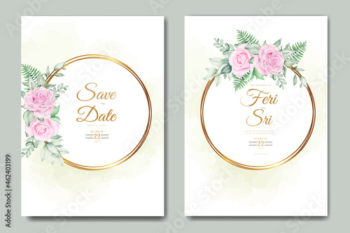 wedding invitation card with floral leaves watercolor