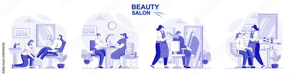 Beauty salon isolated set in flat design. People get manicure, pedicure, makeup, hairdresser works collection of scenes. Vector illustration for blogging, website, mobile app, promotional materials. Beauty salon isolated set in flat design. People get manicure, pedicure, makeup, hairdresser works collection of scenes. Vector illustration for blogging, website, mobile app, promotional materials.