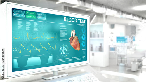 blood sample test on monitor in hi-tech hospital room , creative industrial 3D rendering