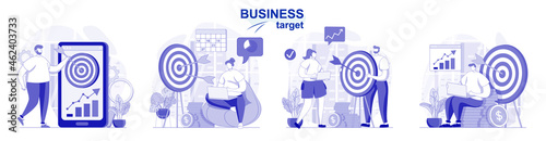 Business target isolated set in flat design. People achievement goals, develop success strategy collection of scenes. Vector illustration for blogging, website, mobile app, promotional materials.