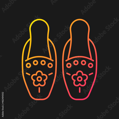 Traditional beadwork gradient vector icon for dark theme. Singaporean beaded slippers. Decorate clothing. Thin line color symbol. Modern style pictogram. Vector isolated outline drawing