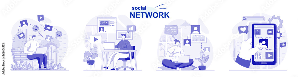 Social network isolated set in flat design. People chatting with friends, browsing, post photos, collection of scenes. Vector illustration for blogging, website, mobile app, promotional materials. Social network isolated set in flat design. People chatting with friends, browsing, post photos, collection of scenes. Vector illustration for blogging, website, mobile app, promotional materials.