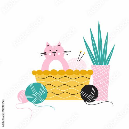 Vector illustration with cute cat sitting in a basket with knitting needles and balls of yarn. Concept of knitting as a hobby.