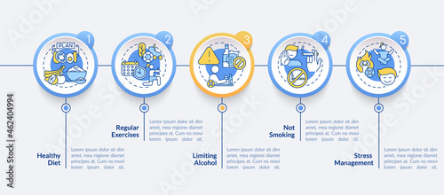 Hypertension prevention vector infographic template. Regular workout presentation outline design elements. Data visualization with 5 steps. Process timeline info chart. Workflow layout with line icons
