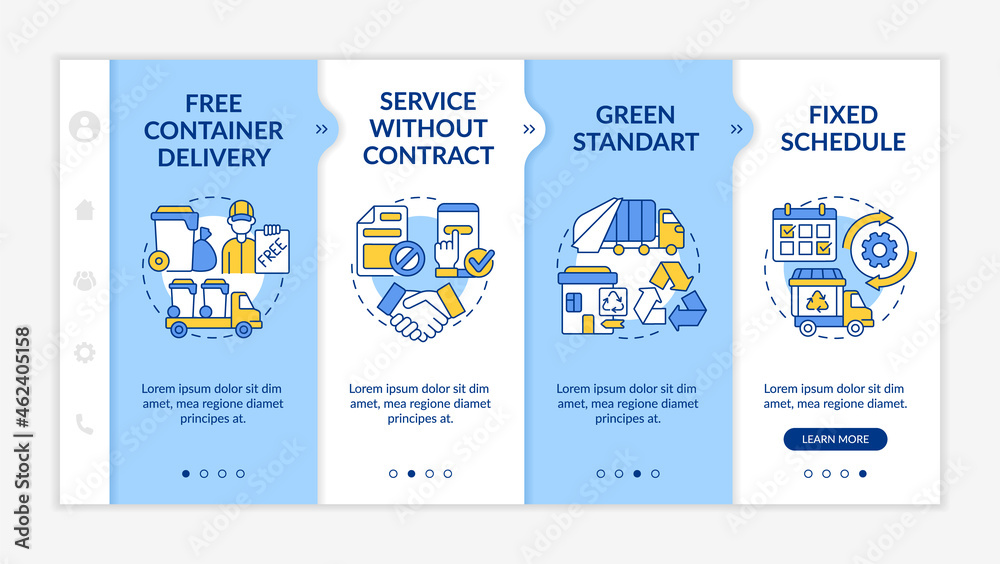 Waste collection service offers onboarding vector template. Responsive mobile website with icons. Web page walkthrough 4 step screens. Trash management color concept with linear illustrations