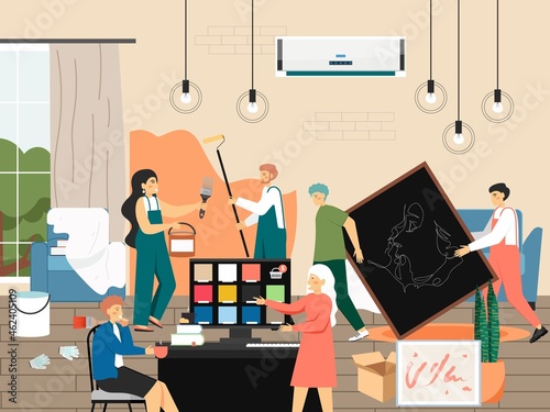 Home repair and improvement, flat vector illustration. Painter painting wall. Home interior designer online services.