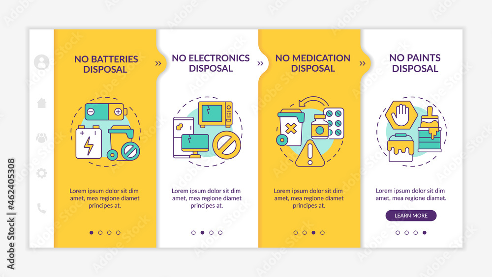 Fototapeta premium Not accepted rubbish onboarding vector template. Responsive mobile website with icons. Web page walkthrough 4 step screens. Not disposal waste materials color concept with linear illustrations