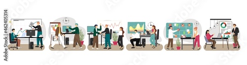 Business people team work, vector illustration. Group of office people working together. Cooperation, agile teamwork.