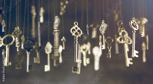 isolated vintage old golden and bronze key, successful concept