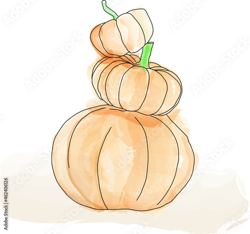 3 pumpkins stacked on top of each other. from the largest to the smallest. watercolor drawing, vector illustration