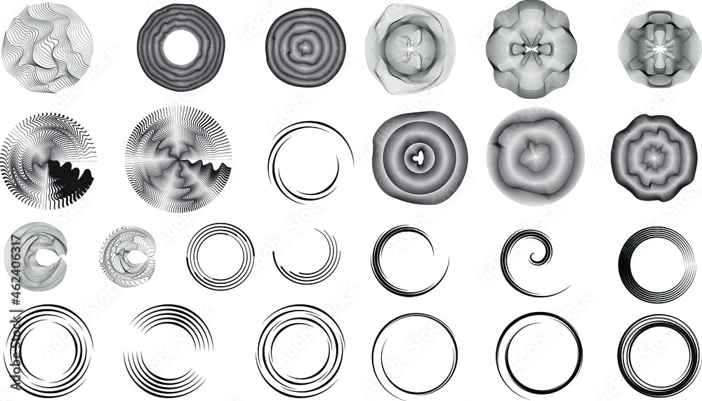 Mega set of lines in Circle Form . Spiral Vector Illustration .Big collection of round Logos . Design element . Abstract Geometric circular shapes .Rotating radial lines collection. Concentric circles