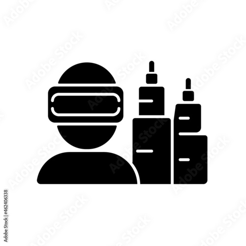 VR for project planning black glyph icon. Virtual reality simulation. Computer technology. Project management. Visualization system. Silhouette symbol on white space. Vector isolated illustration