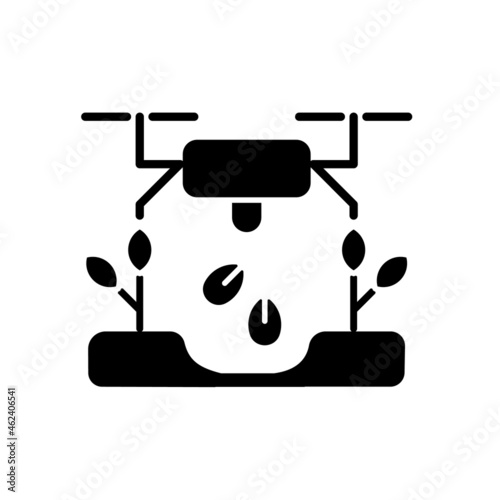 Drones for planting black glyph icon. Revolutionized agriculture. Innovative planting method. Monitoring crop health. Spraying drone. Silhouette symbol on white space. Vector isolated illustration