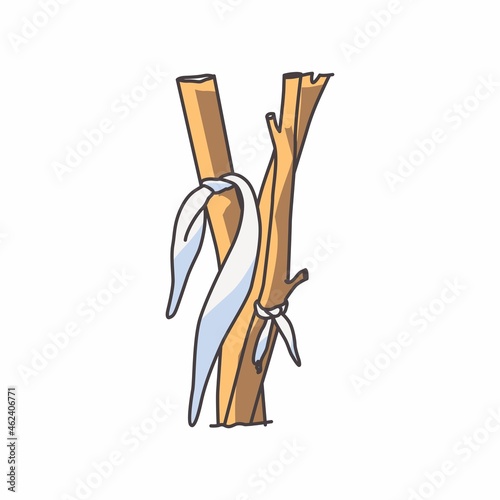 Bandage with white material branches trees. Tradition of peoples in Central Asia. Tribute and respect for ancestors. White background. Vector.