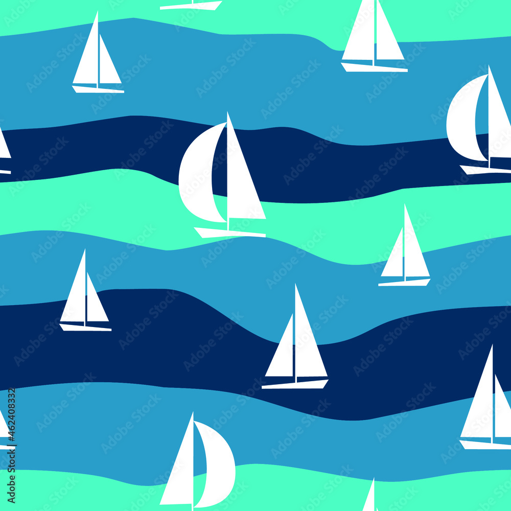 Stylized blue sea with waves and white sail boards