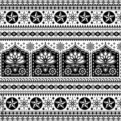 Indian truck art floral seamless folk art pattern, Pakistani Jingle trucks vector design,  black and white ornament with lotus flowers and abstract shapes
 