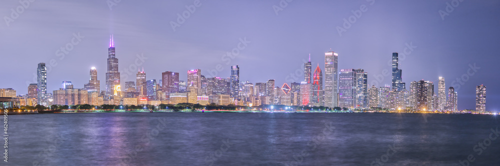 Panorama of Chicago Skyline at Night