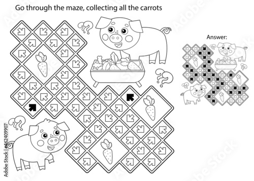Maze or Labyrinth Game. Puzzle. Coloring Page Outline Of cartoon pig or swine with little piglet. Farm animals with their cubs. Coloring book for kids.