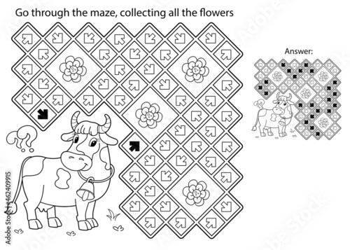 Maze or Labyrinth Game. Puzzle. Coloring Page Outline Of cartoon cow with bell. Collect flowers . Coloring book for kids.