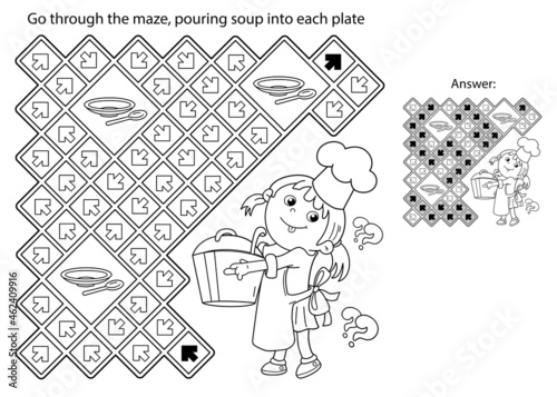 Maze or Labyrinth Game. Puzzle. Coloring Page Outline Of cartoon girl chef with large pot. Little cook or scullion. Profession. Coloring book for kids.