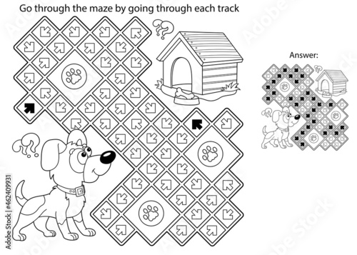 Maze or Labyrinth Game. Puzzle. Coloring Page Outline Of cartoon little dog with doghouse or kennel. Coloring book for kids.