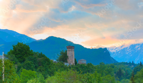Mountain village with ancient towers at dusk - Mestia  Svaneti  Georgia