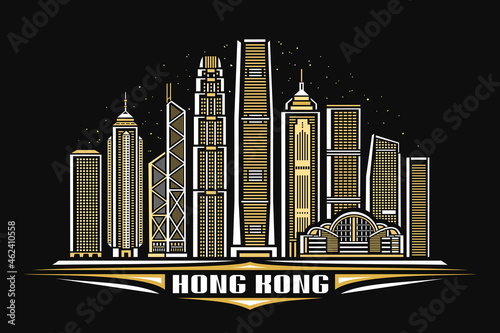 Vector illustration of Hong Kong, horizontal poster with linear design famous hongkong city scape on dusk sky background, urban line art concept with decorative lettering for words hong kong on dark.