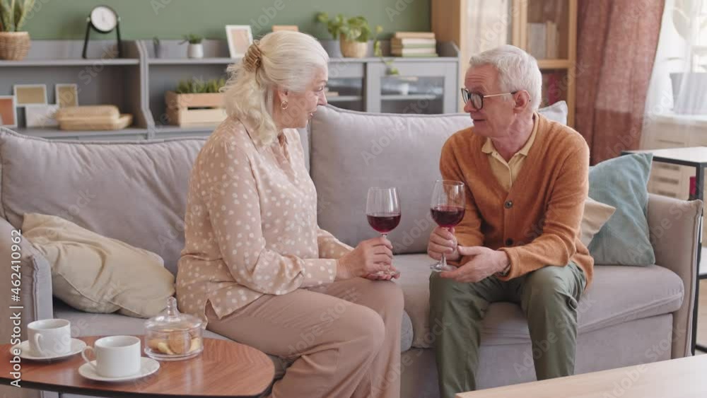 Medium long of white-haired Caucasian woman and man sitting on couch in living room, drinking red wine from glasses, talking and smiling Medium long of white-haired Caucasian woman and man sitting on couch in living room, drinking red wine from glasses, talking and smiling