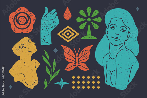 Bust of dreamy woman with butterfly boho symbol. Antique sculpture with mystic hand. Vector witchcraft symbols