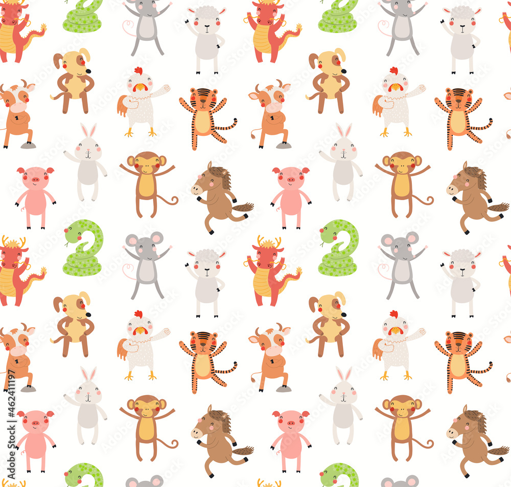 Twelve animals of Chinese zodiac seamless pattern on white. Cute cartoon Asian astrological signs. Hand drawn vector illustration. Flat style design. New Year background, paper, wallpaper, package.