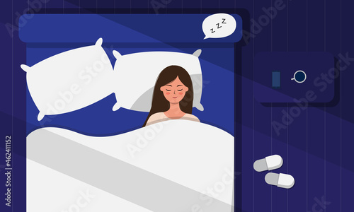 Woman sleep in bed. Flat cartoon vector style