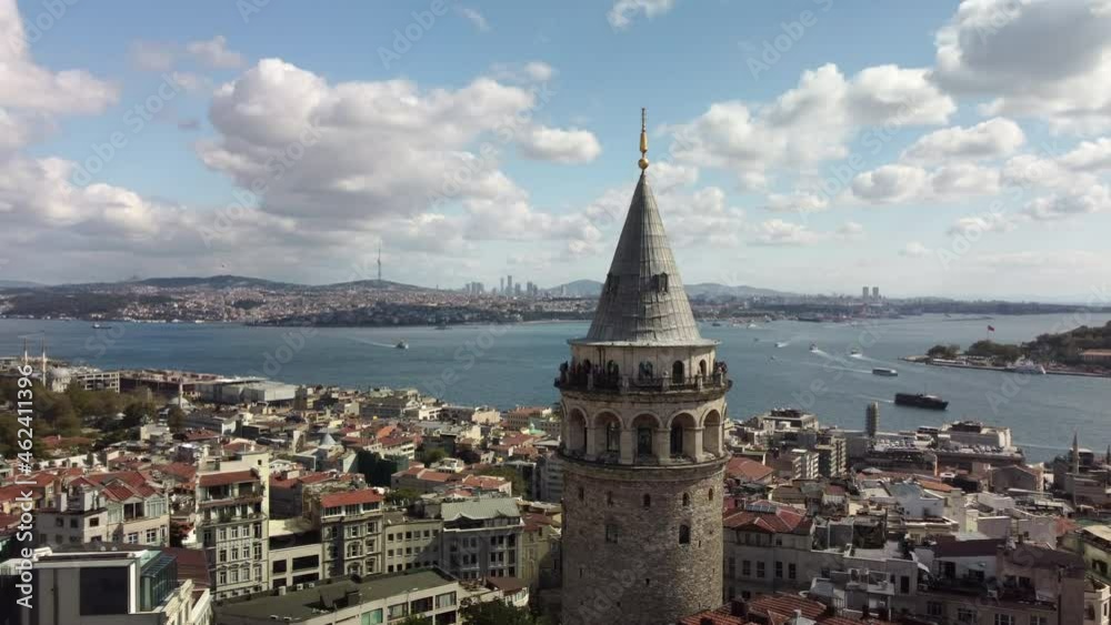 Aerial view on Galata Tower, Istanbul with tourists on it Aerial view on Galata Tower, Istanbul with tourists on it