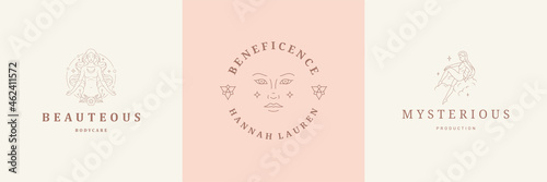Foto Feminine logos emblems design templates set with magic female vector illustrations minimal linear style